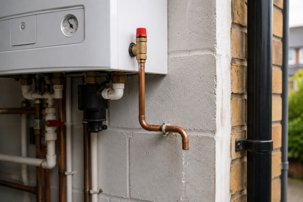 Boiler leaking from the pressure relief valve with water dripping from the copper discharge pipe due to high system pressure.