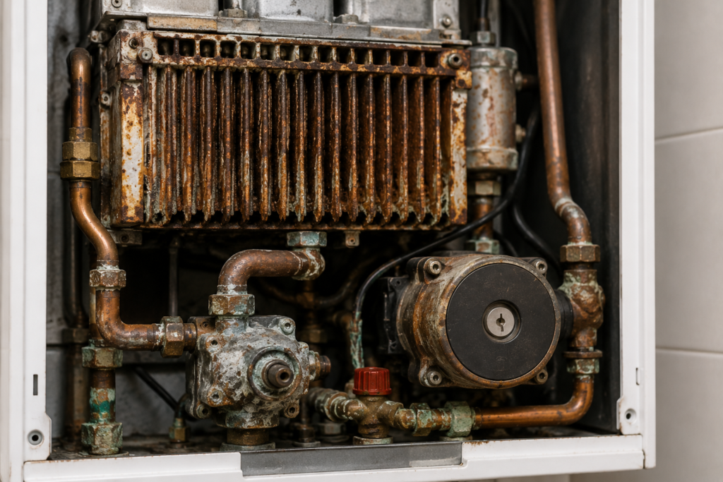 Boiler leaking water from corroded internal parts, showing rusted heat exchanger, pipework and valves inside an ageing boiler.